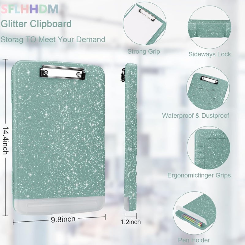 SFLHHDM Glitter Clipboard with Storage,Storage Clipboard with Pen Holder,A4 Binder Clip Boards 8.5x11 with Low Profile Clip,Side Opening Sparkle Clipboards, Clipboards Folder for Office Supplies-Grayish Green - Image 2